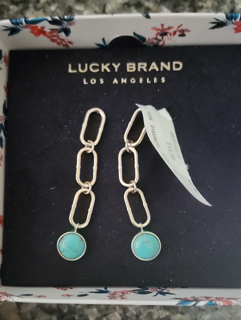 Lucky Brand Gold Tone Link Drop Earrings with Semi Precious Turquoise Stone NWT